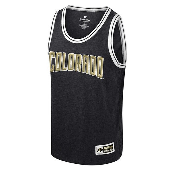 A black youth shooting tank top with white cuff accents and Colorado written in bold vegas gold lettering.